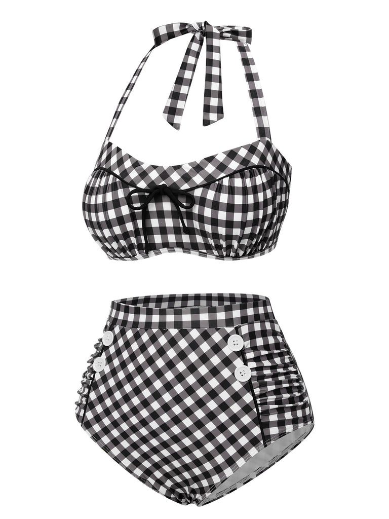 Black 1940s Plaid Halter Swimsuit