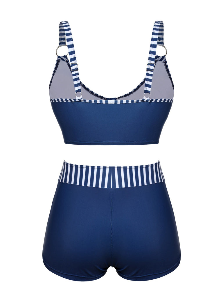 Dark Blue 1940s Stripes Strap Drawstring Swimsuit