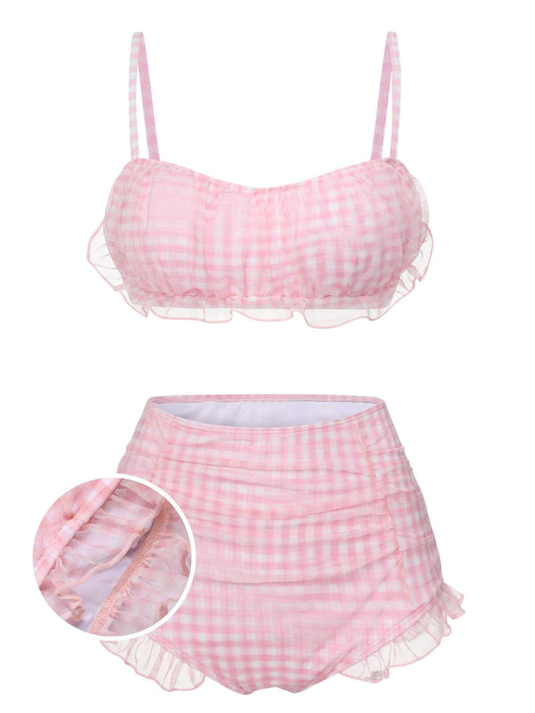 [Pre-Sale] Pink 1940s Spaghetti Strap Mesh Plaids Swimsuit
