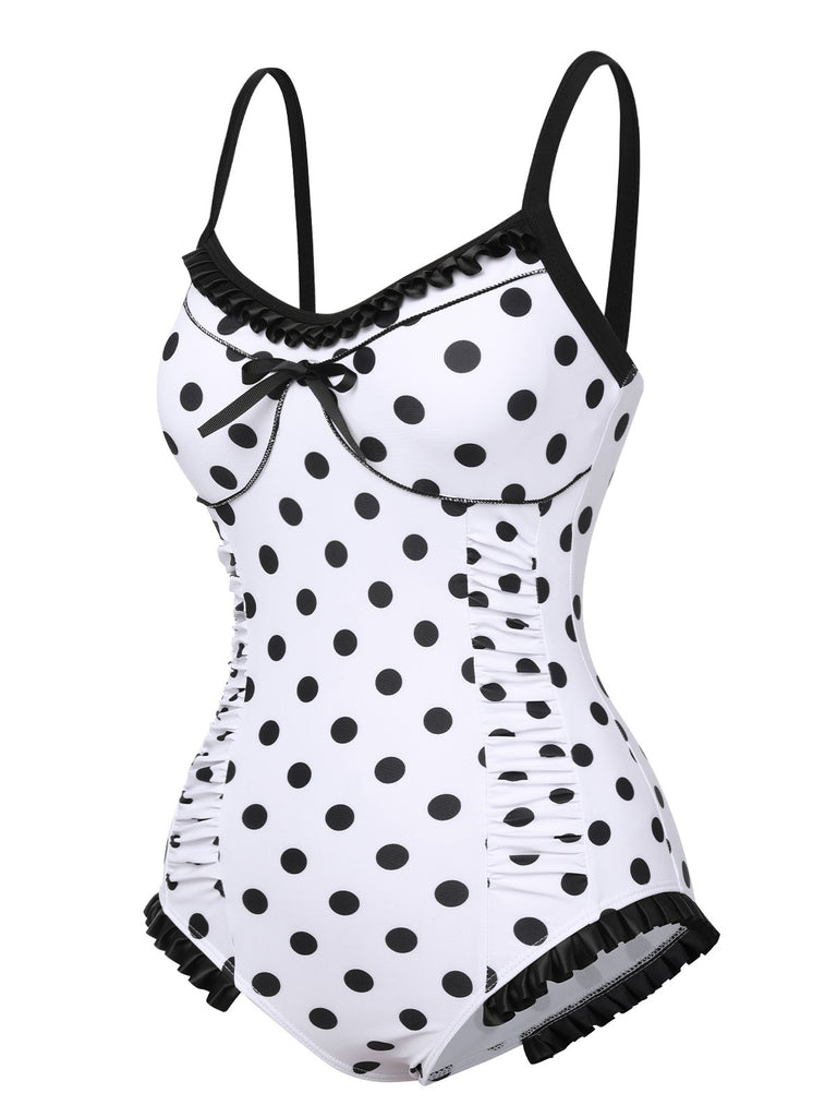 [Pre-Sale] White 1950s Polka Dots Strap Swimsuit