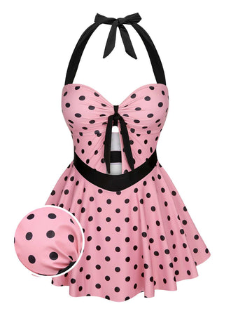 [US Warehouse] Pink 1950s Halter Polka Dots One-Piece Swimsuit
