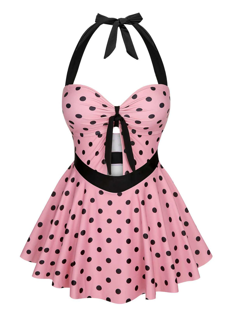 Pink 1950s Halter Polka Dots One-Piece Swimsuit