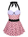 Pink 1950s Halter Polka Dots One-Piece Swimsuit