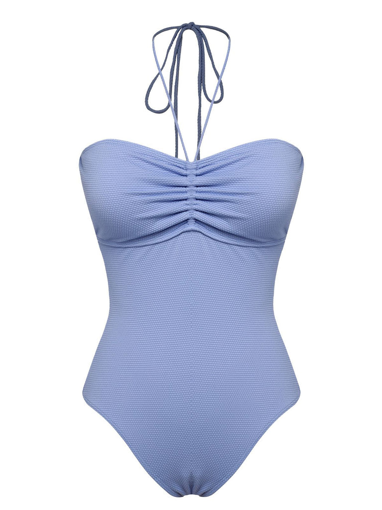 Sky Blue 1970s Solid Drawstring Bandeau Swimsuit