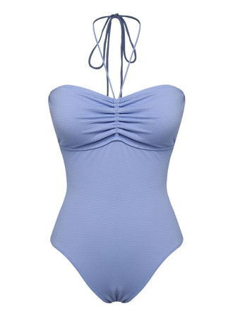 Sky Blue 1970s Solid Drawstring Bandeau Swimsuit