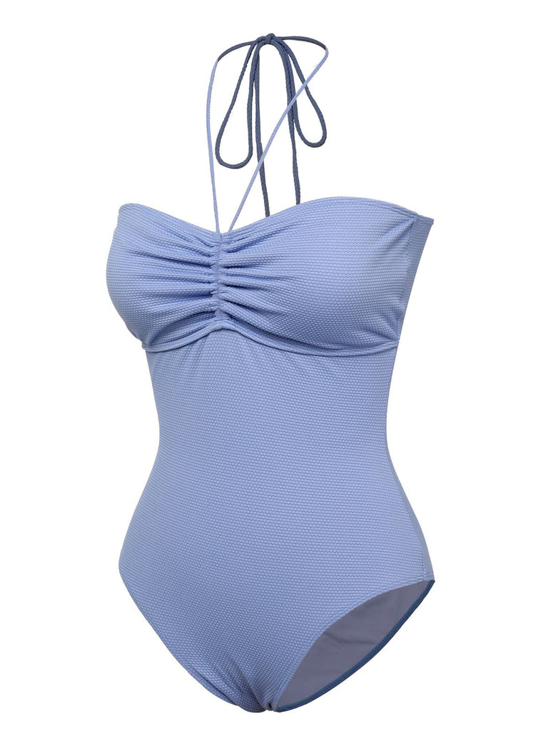 Sky Blue 1970s Solid Drawstring Bandeau Swimsuit