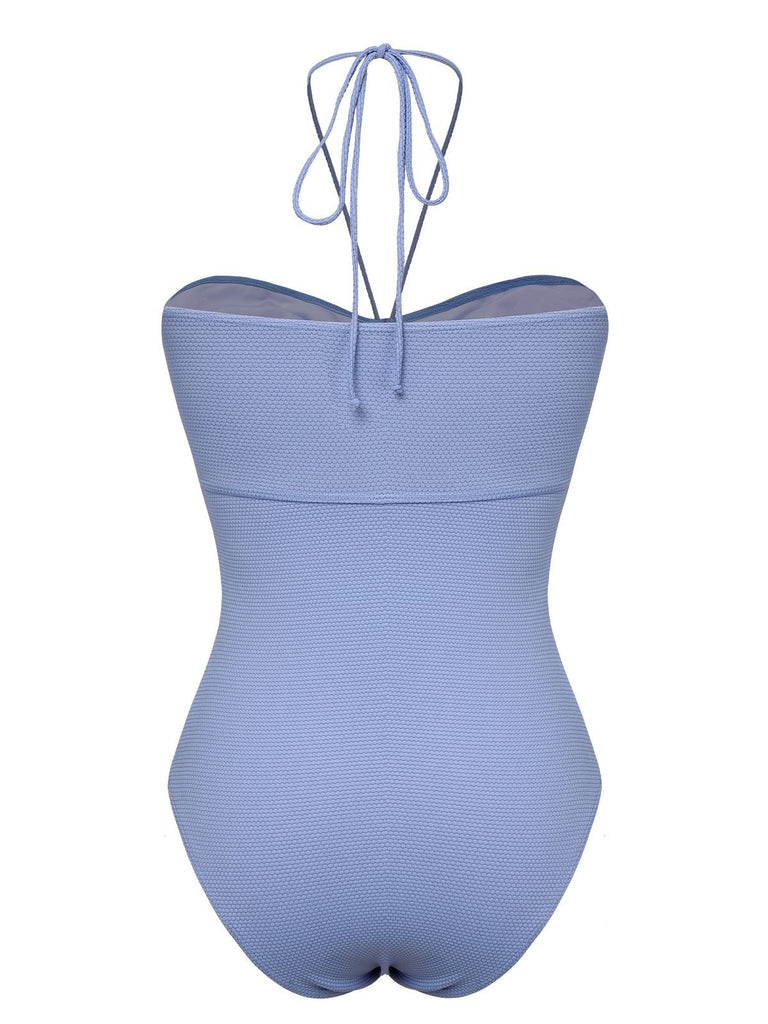 Sky Blue 1970s Solid Drawstring Bandeau Swimsuit