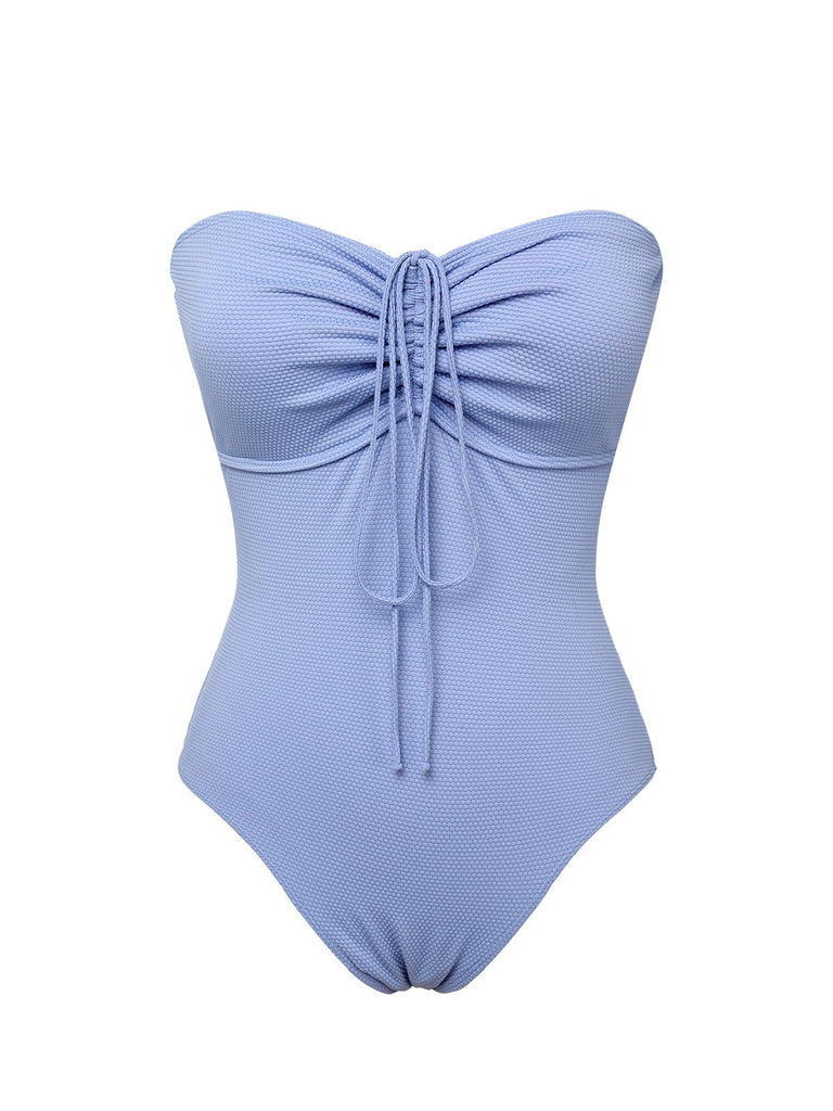 Sky Blue 1970s Solid Drawstring Bandeau Swimsuit