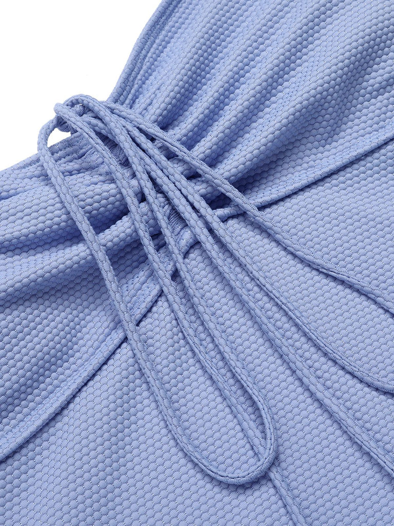 Sky Blue 1970s Solid Drawstring Bandeau Swimsuit