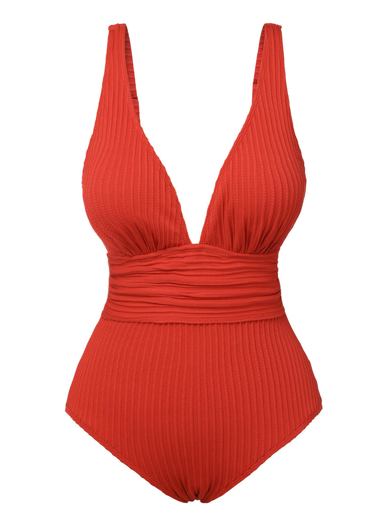 Red 1950s Solid Deep V One-Piece Swimsuit