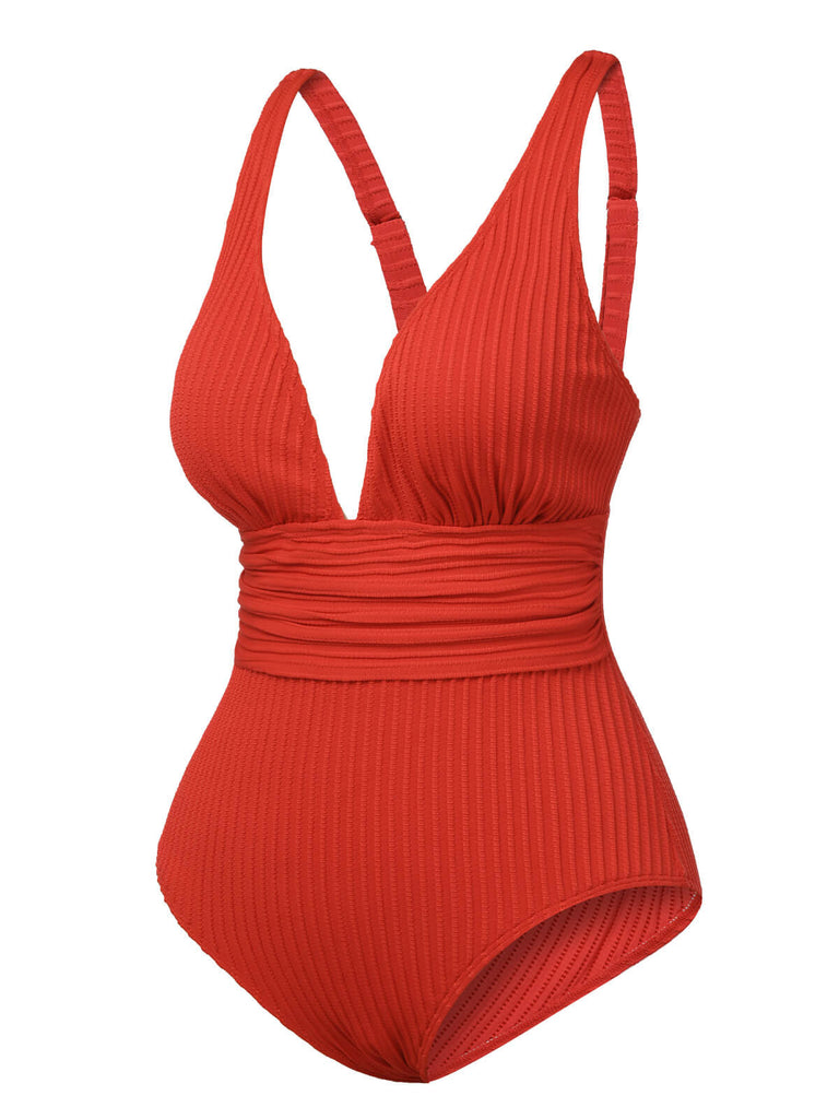 Red 1950s Solid Deep V One-Piece Swimsuit
