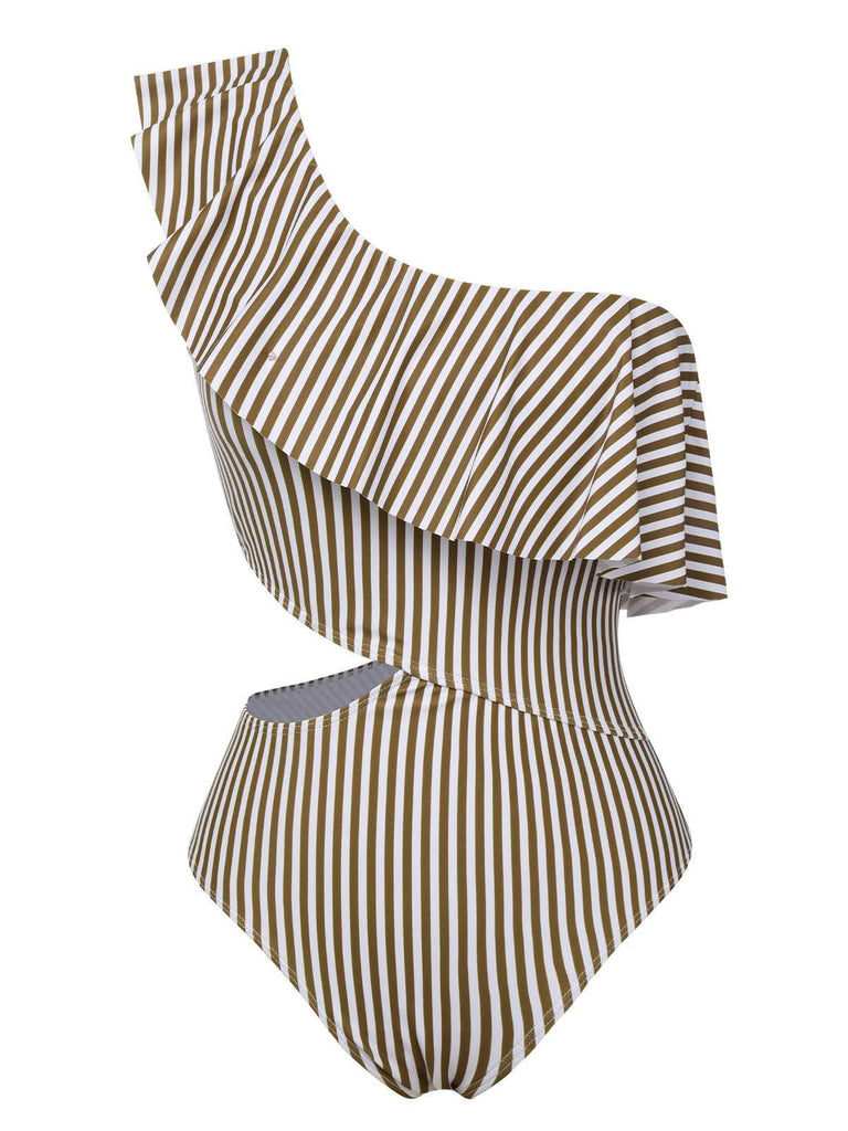 1970s One-Shoulder Stripes Ruffles One-Piece Swimsuit