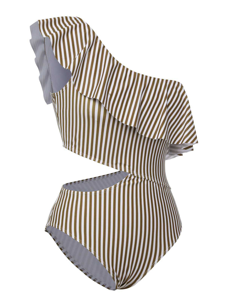 1970s One-Shoulder Stripes Ruffles One-Piece Swimsuit