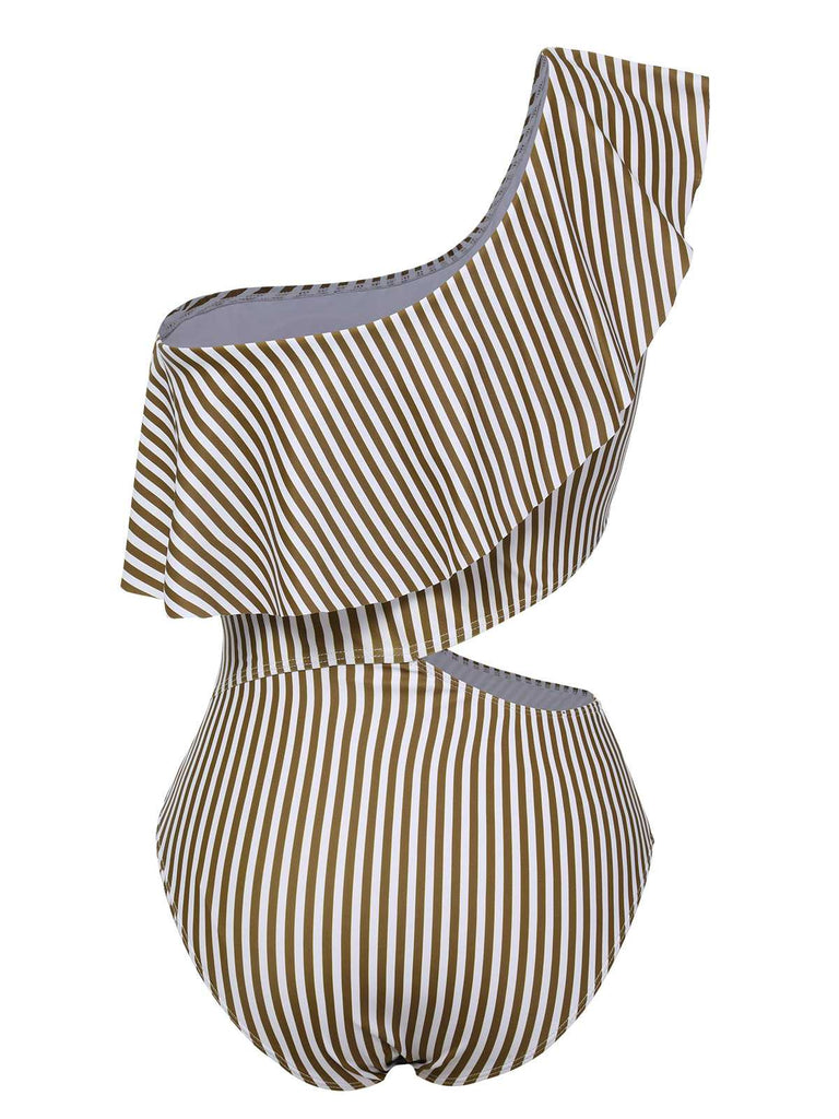 1970s One-Shoulder Stripes Ruffles One-Piece Swimsuit