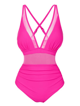 [US Warehouse] Rose Red 1950s Solid Sheer Patchwork Swimsuit