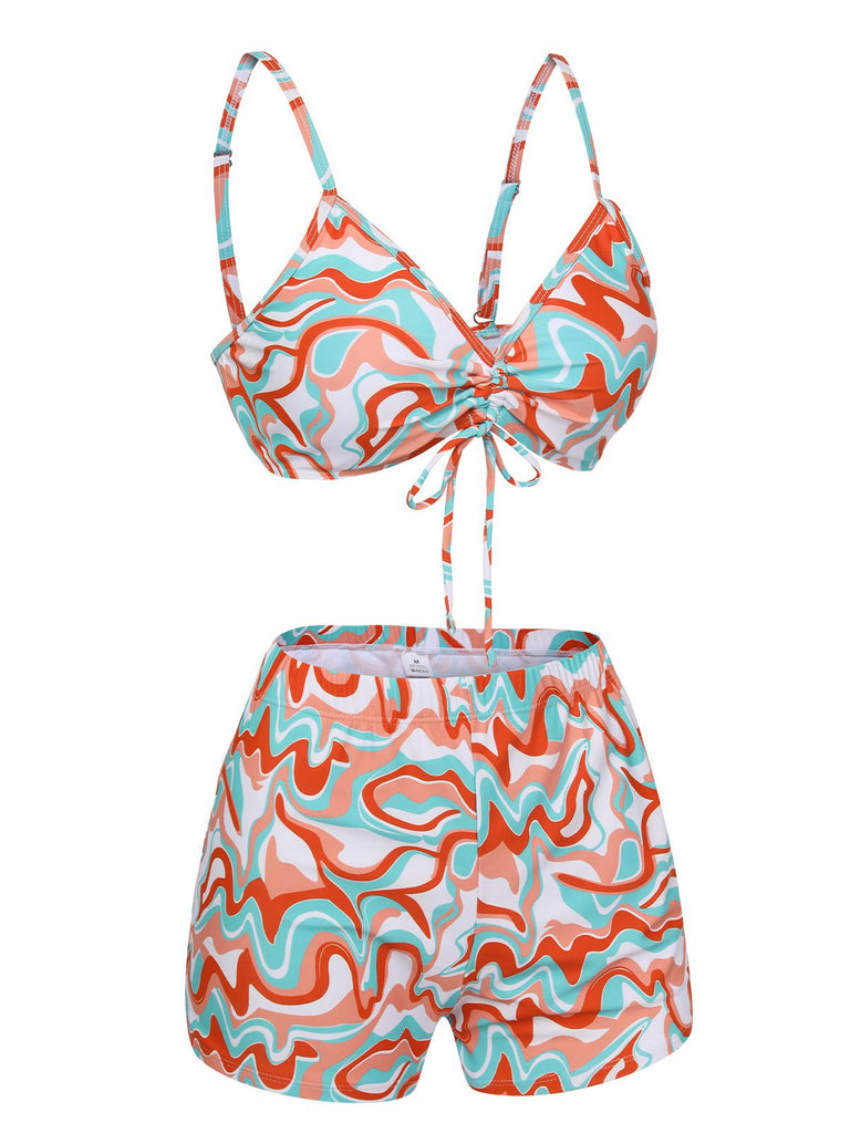 1950s Marble Print Strap Drawstring Swimsuit