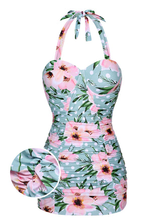 [US Warehouse] Green & Pink 1930s Floral Polka Dot Halter Swimsuit