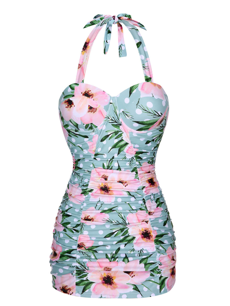 Green & Pink 1930s Floral Polka Dot Halter Swimsuit