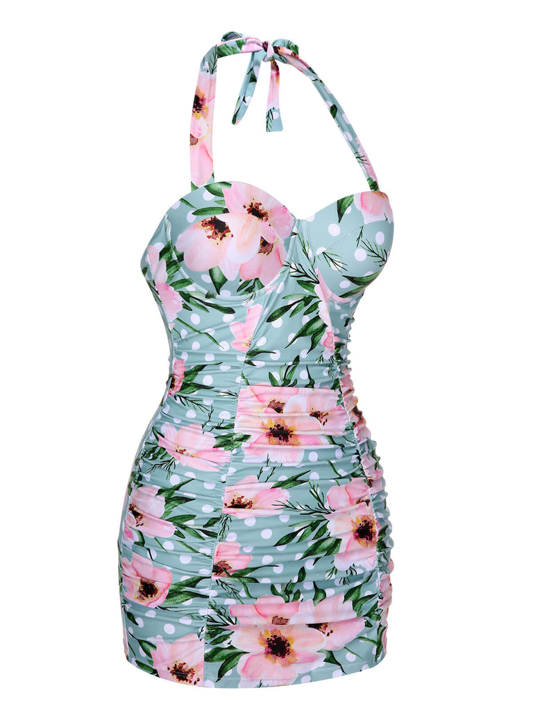 Green & Pink 1930s Floral Polka Dot Halter Swimsuit