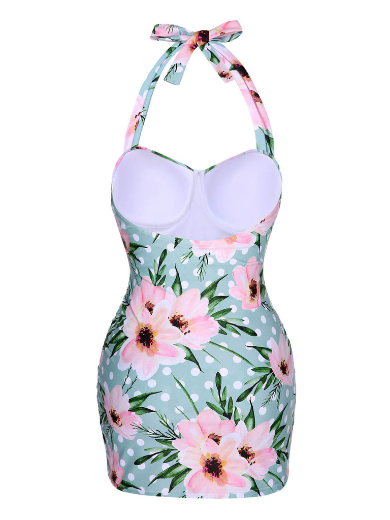 Green & Pink 1930s Floral Polka Dot Halter Swimsuit