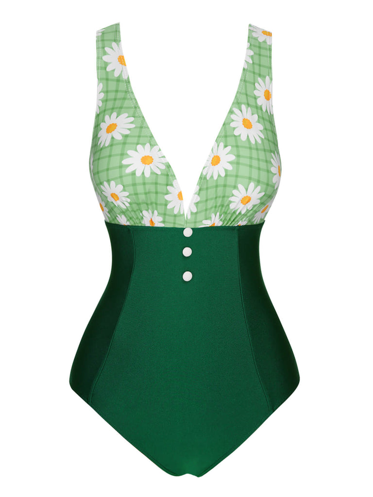 Green 1940s Daisy Patchwork One-Piece Swimsuit