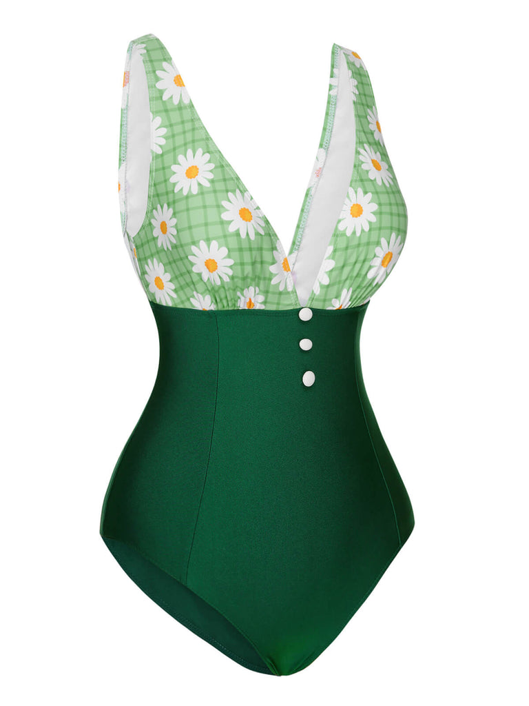 Green 1940s Daisy Patchwork One-Piece Swimsuit