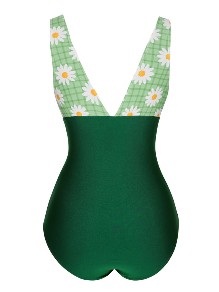 Green 1940s Daisy Patchwork One-Piece Swimsuit