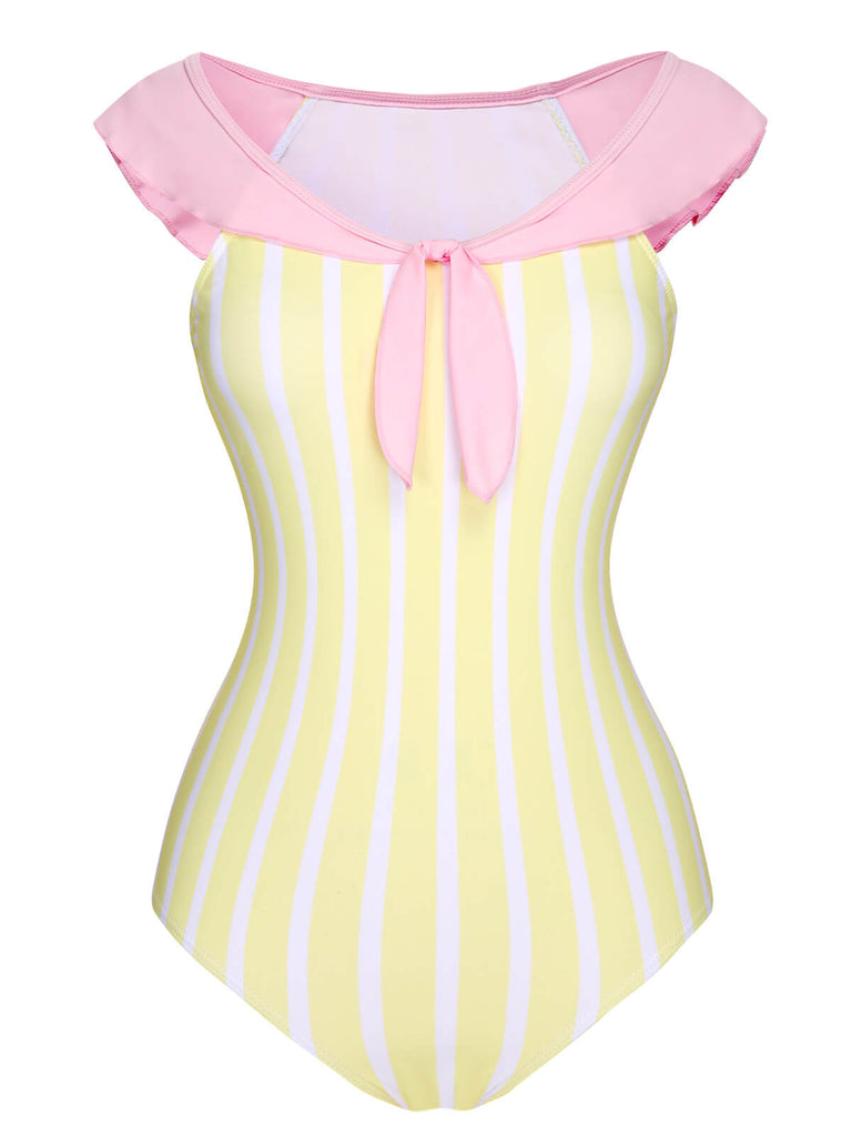 Yellow & Pink 1940s Stripe One-Piece Swimsuit