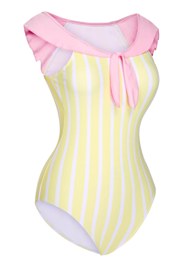 Yellow & Pink 1940s Stripe One-Piece Swimsuit