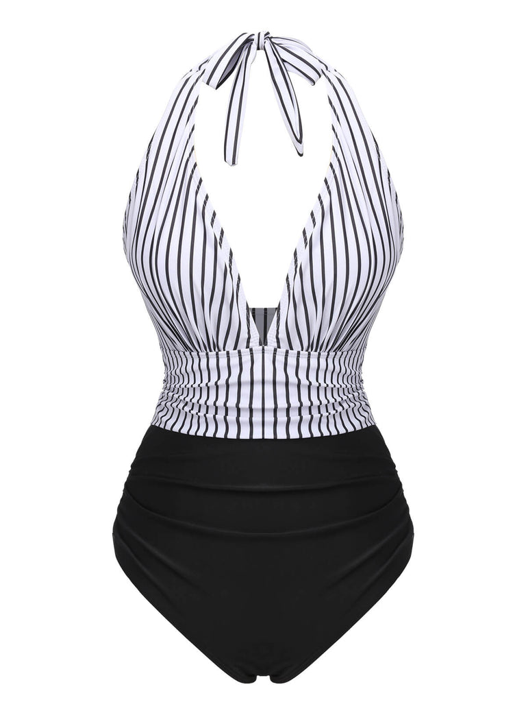 Black 1950s Deep V-Neck Stripe Swimsuit