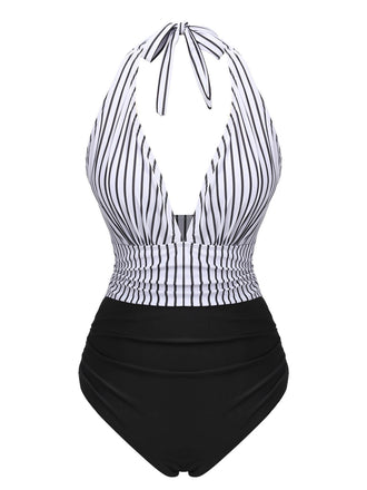 Black 1950s Deep V-Neck Stripe Swimsuit