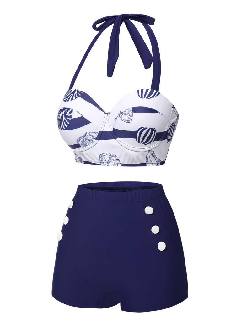 Dark Blue 1940s Halter Ocean Stripes Swimsuit