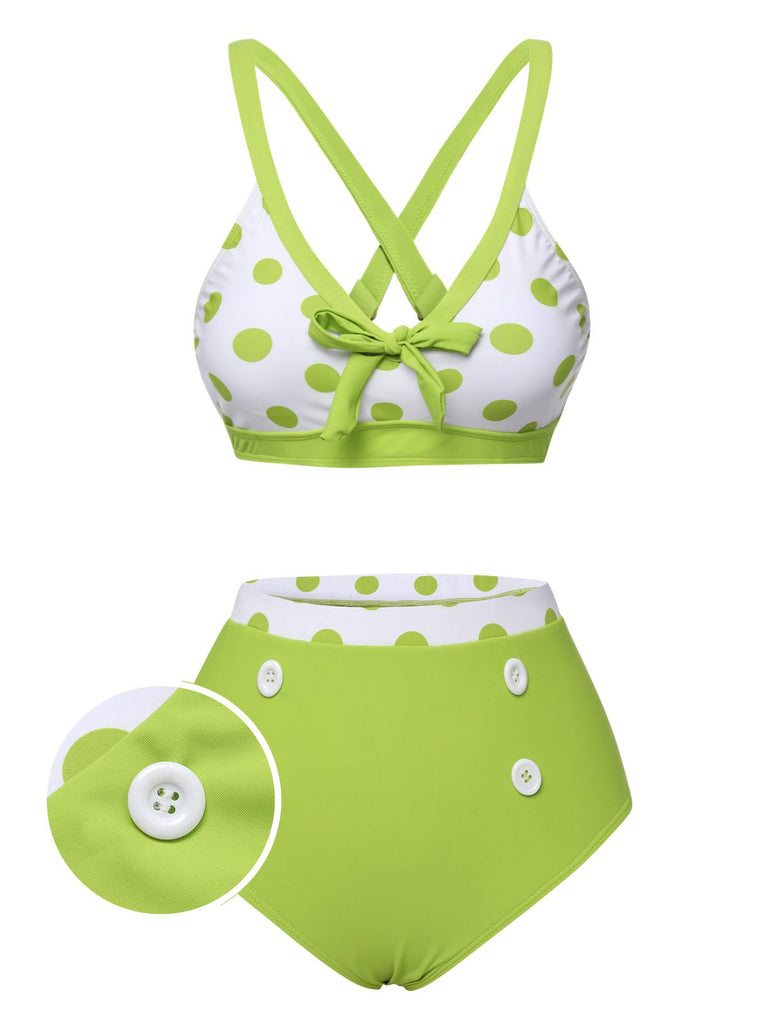 Green 1950s Polka Dot V-Neck Swimsuit