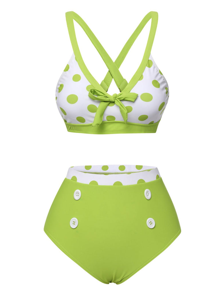 Green 1950s Polka Dot V-Neck Swimsuit