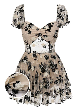 [US Warehouse] 1950s Square Neck Floral Mesh One-Piece Swimsuit