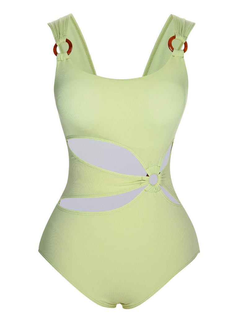 Green 1950s Solid Waist Cutout Ring Swimsuit