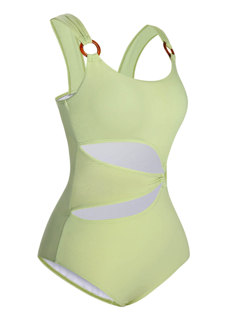 Green 1950s Solid Waist Cutout Ring Swimsuit