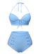 Blue 1950s Halter Bow Stripes Swimsuit