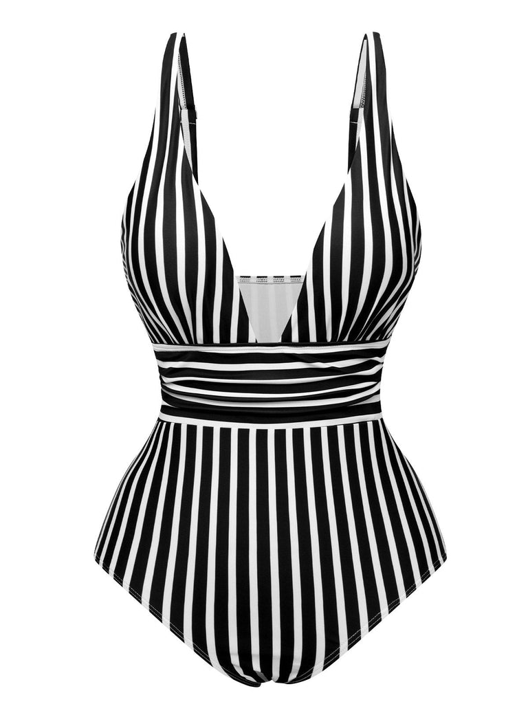 1950s Stripes Spaghetti Strap One-Piece Swimsuit