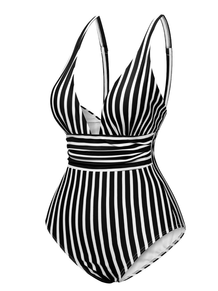 1950s Stripes Spaghetti Strap One-Piece Swimsuit