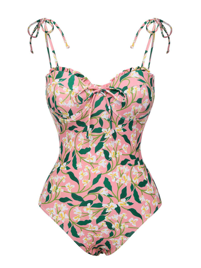 Pink 1950s Spaghetti Strap Plants Print Swimsuit