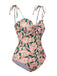 Pink 1950s Spaghetti Strap Plants Print Swimsuit