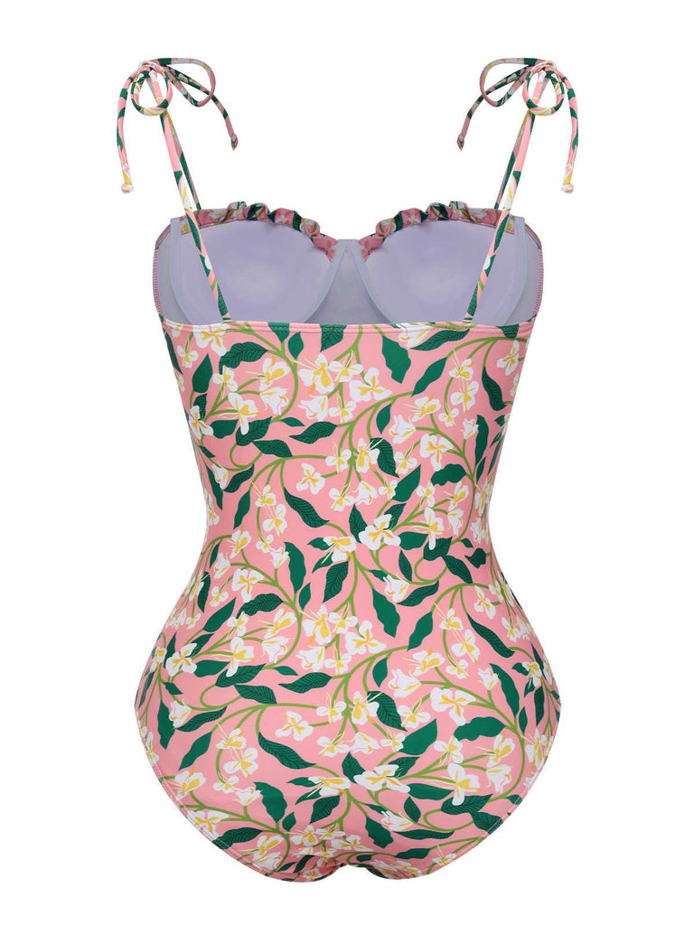 Pink 1950s Spaghetti Strap Plants Print Swimsuit