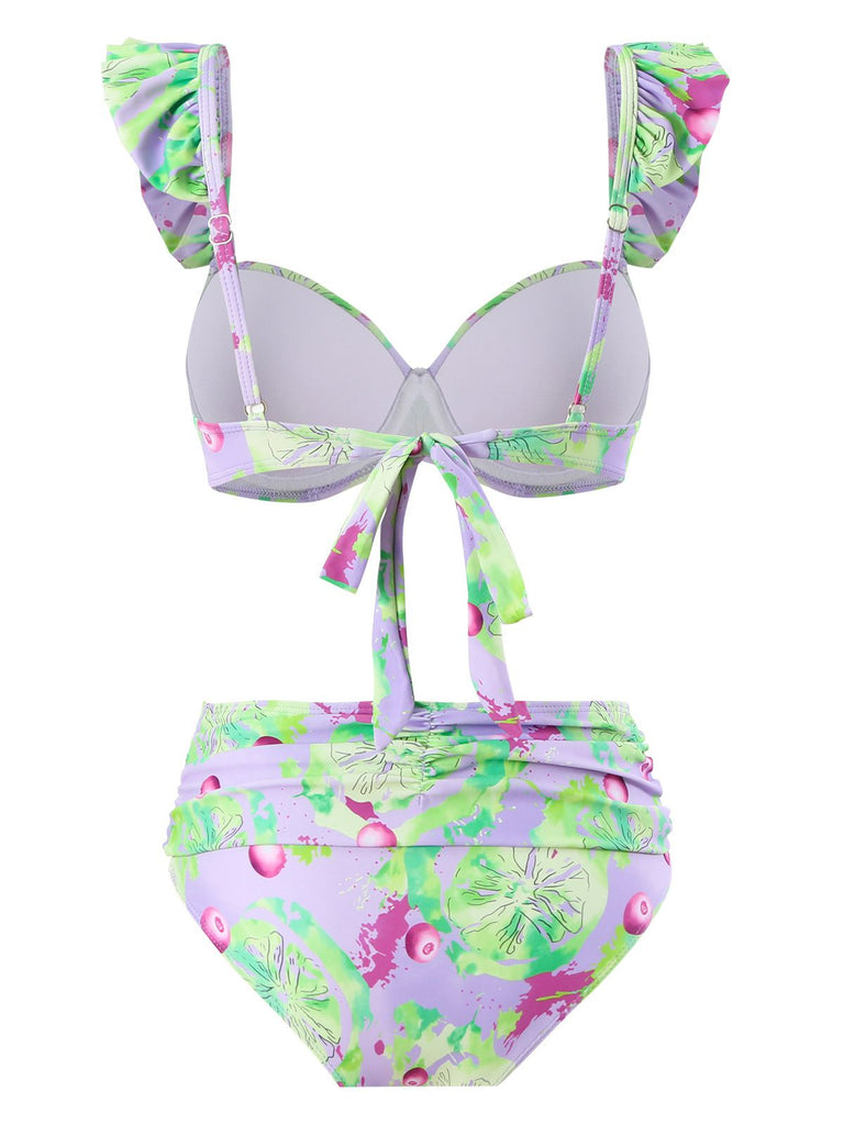 Light Green 1940s Grape Ruffle Swimsuit