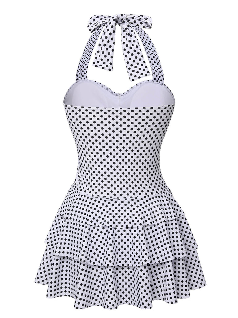White 1940s Polka Dot Halter Skirted Swimsuit