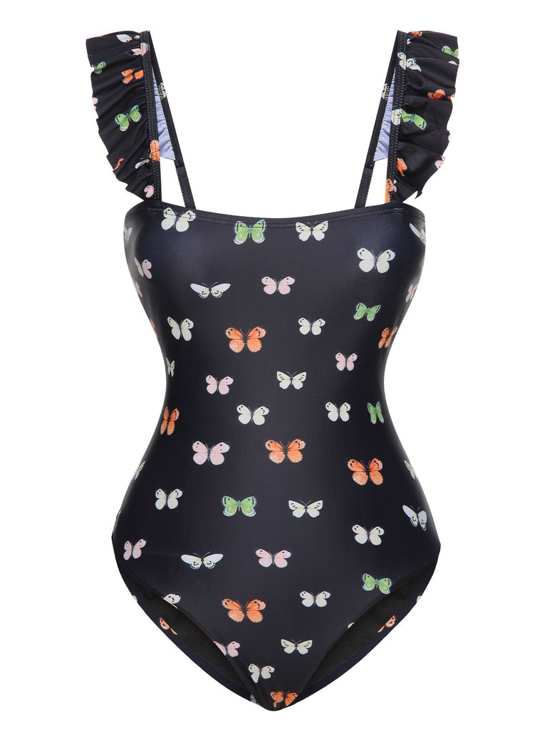 Black 1950s Butterfly Flare Sleeve One-Piece Swimsuit