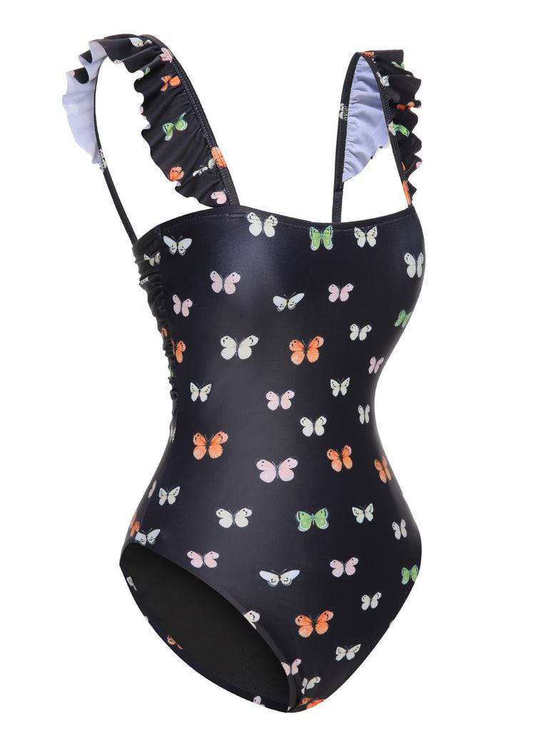 Black 1950s Butterfly Flare Sleeve One-Piece Swimsuit