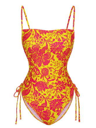 Orange 1970s Russian Floral Drawstring Strap Swimsuit