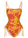 Orange 1950s Russian Floral Drawstring Strap Swimsuit
