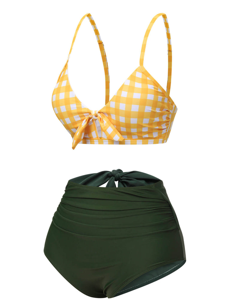 Yellow & Green 1950s Plaid Bow Bikini Set